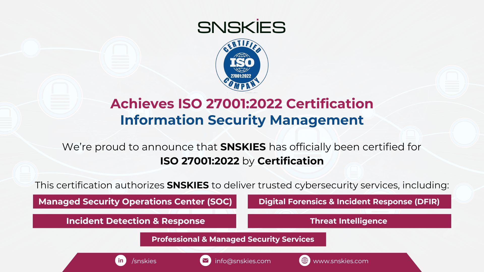 SNSKIES has achieved ISO 27001:2022 certification for Information Security Management